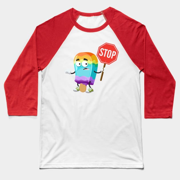 cartoon rainbow colors ice cream on a stick mascot with tablet stop in hand Baseball T-Shirt by VizRad